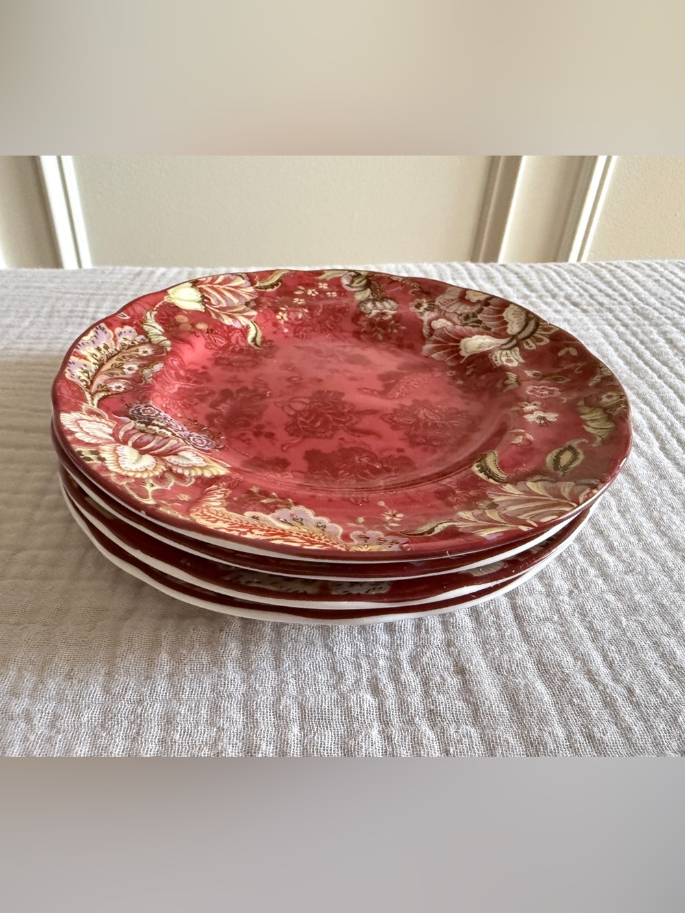222 Fifth Gabrielle Red Appetizer Dessert Plates 6.5" Fine China Set of 4